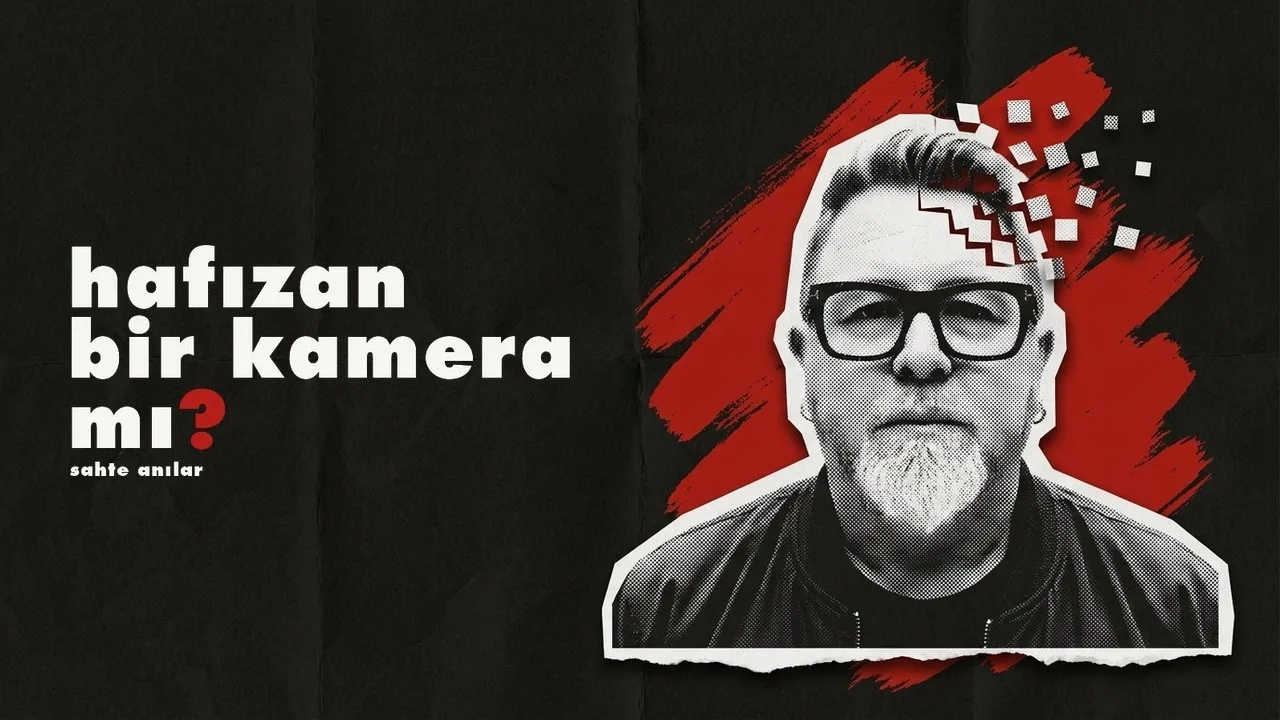 Hafızan bir kamera mı? başlıklı kapak. Kırmızı fırça darbesinin önünde gözlüklü bir adamın portresi, başının bir kısmı küçük karelere dağılıyor